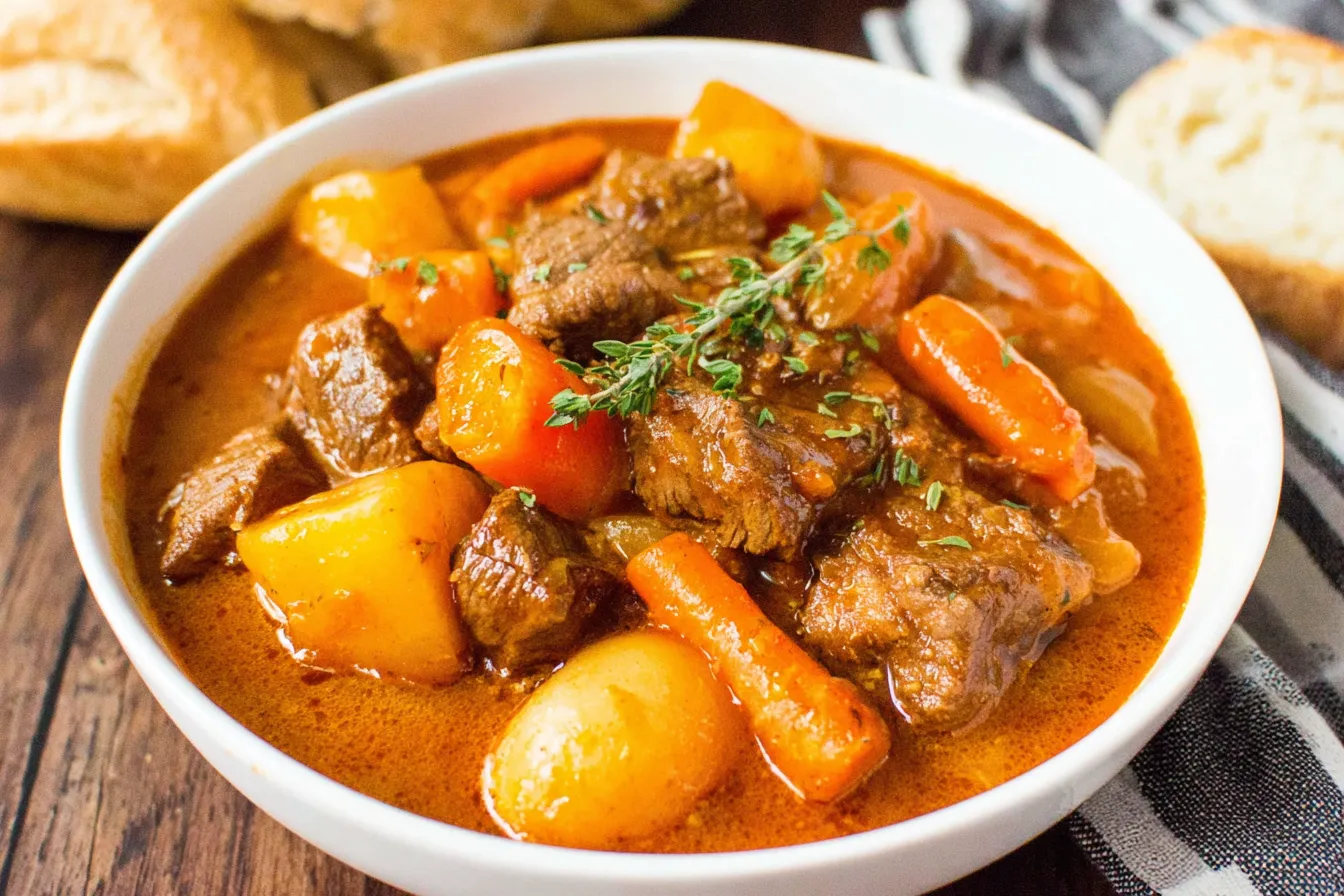 Crock Pot Beef Stew Recipe served in a bowl with tender beef, potatoes, and carrots in a comforting gravy