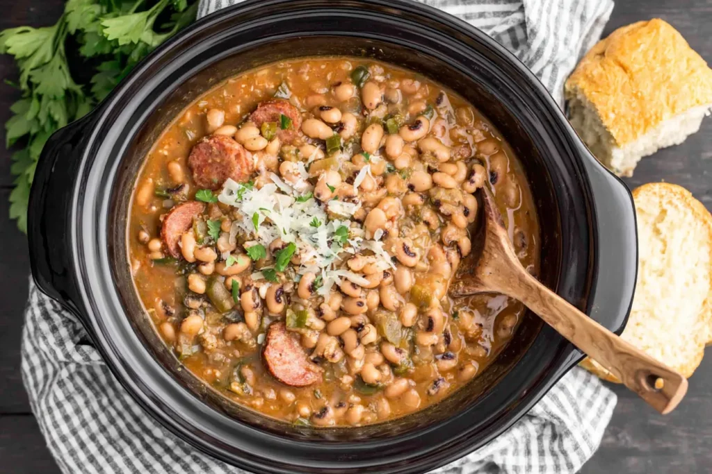 Crock Pot Hoppin' John with black-eyed peas and smoked sausage served with cornbread