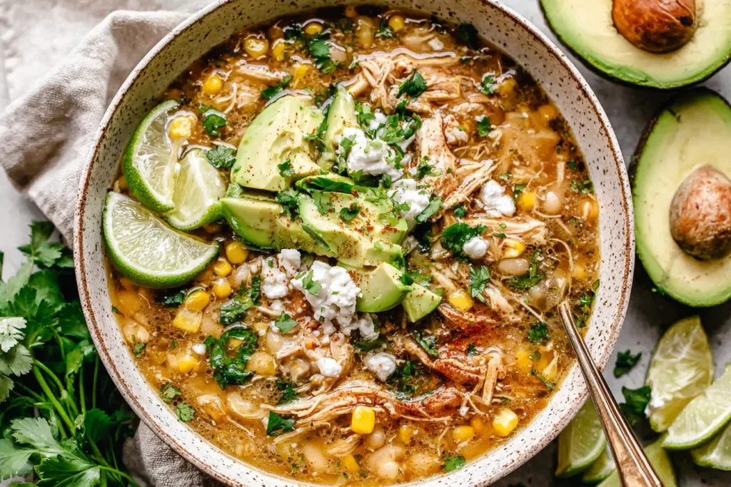 Crock Pot White Chicken Chili topped with avocado, corn, cilantro, and lime in a rustic bowl