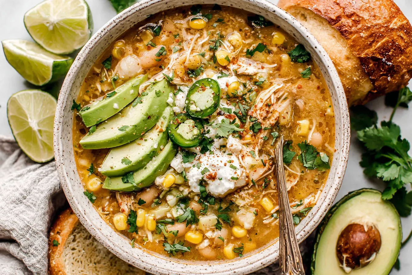 Crock Pot White Chicken Chili served with sliced avocado, jalapeños, sour cream, and crusty bread