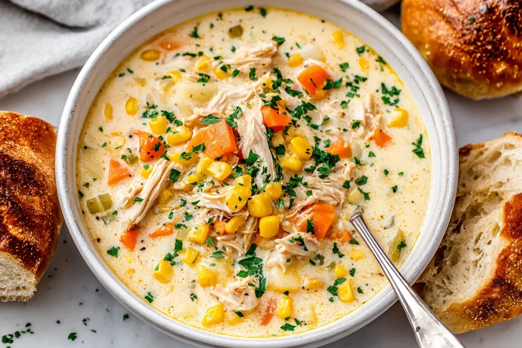Hearty Crockpot Chicken Corn Chowder garnished with parsley and served with artisan bread for a comforting slow cooker meal