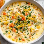 Creamy Crockpot Chicken Corn Chowder with shredded chicken, sweet corn, and vegetables served hot with crusty bread