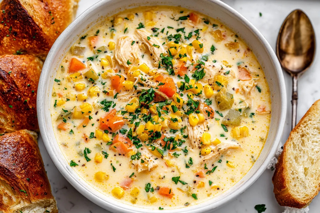 Creamy Crockpot Chicken Corn Chowder with shredded chicken, sweet corn, and vegetables served hot with crusty bread