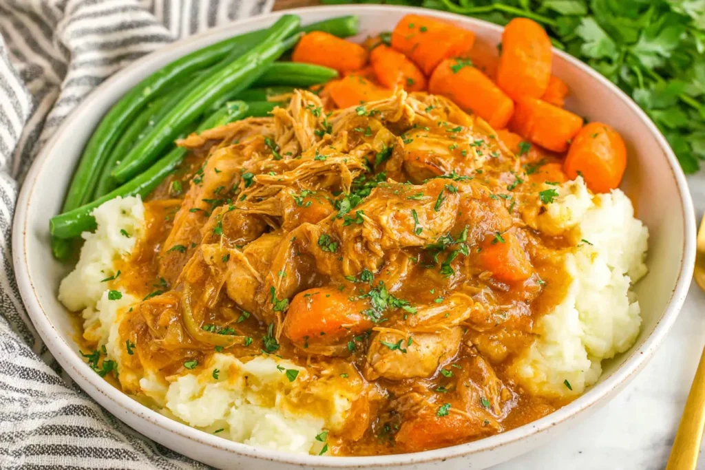 Crockpot Chicken Pot Roast Recipe served over creamy mashed potatoes with carrots and green beans