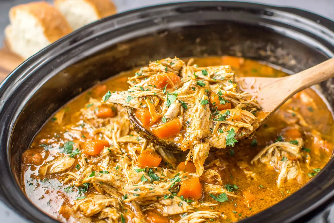 Crockpot Chicken Pot Roast Recipe cooking in a slow cooker with shredded chicken and carrots in gravy