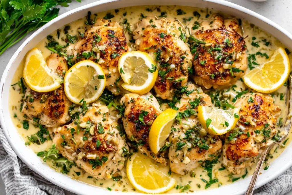 The Best Crockpot Recipes for Busy Weeknights featuring lemon garlic chicken in a creamy sauce