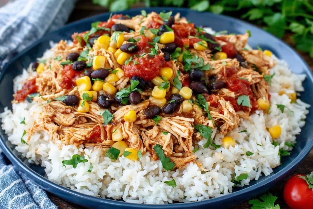 Crockpot Santa Fe Chicken served over white rice with black beans, corn, tomatoes, and cilantro