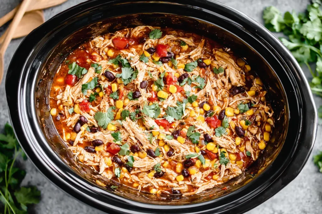 Crockpot Santa Fe Chicken ready to serve in a slow cooker with fresh cilantro on top