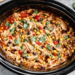 Crockpot Santa Fe Chicken ready to serve in a slow cooker with fresh cilantro on top