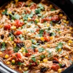 Crockpot Santa Fe Chicken cooking in a slow cooker with shredded chicken, black beans, corn, tomatoes, and fresh cilantro