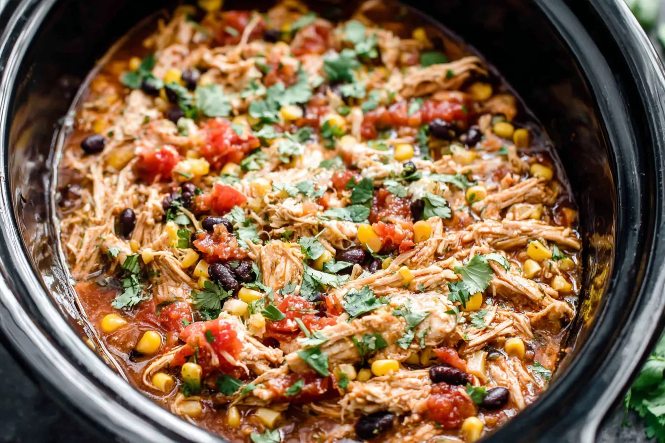 Crockpot Santa Fe Chicken cooking in a slow cooker with shredded chicken, black beans, corn, tomatoes, and fresh cilantro