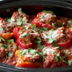 Crockpot Sausage-Stuffed Mini Sweet Peppers served in a slow cooker with marinara sauce and fresh basil