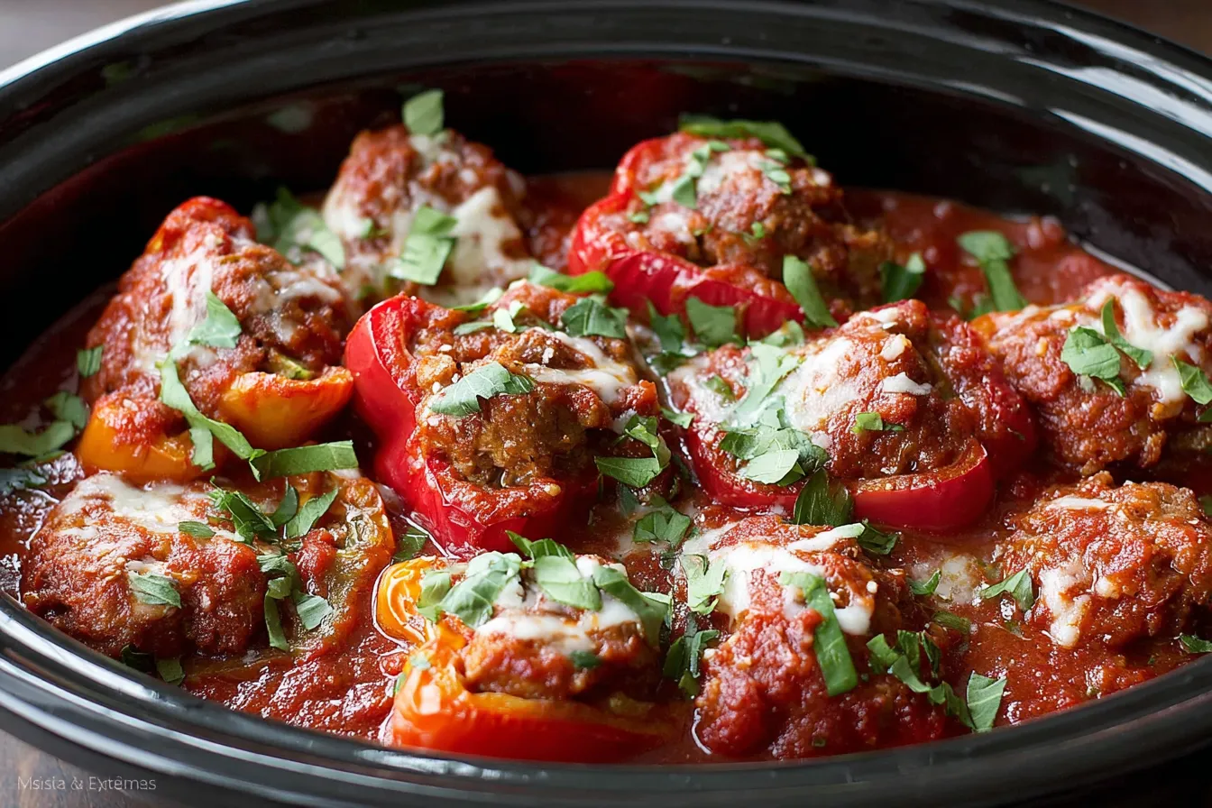Crockpot Sausage-Stuffed Mini Sweet Peppers served in a slow cooker with marinara sauce and fresh basil