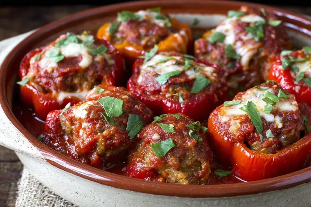 Crockpot Sausage-Stuffed Mini Sweet Peppers cooked in rich tomato sauce and topped with melted mozzarella and fresh herbs