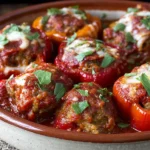 Crockpot Sausage-Stuffed Mini Sweet Peppers cooked in rich tomato sauce and topped with melted mozzarella and fresh herbs