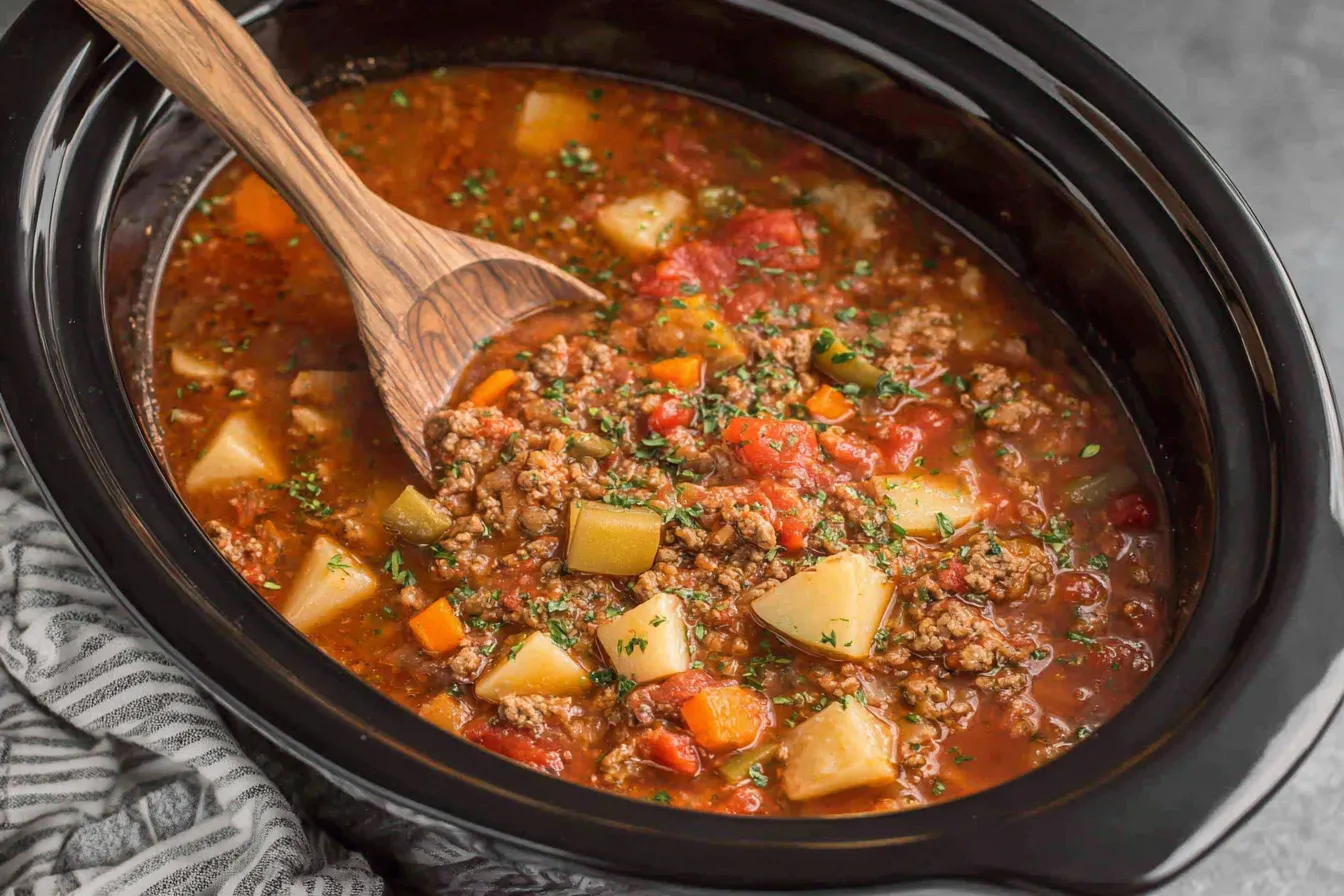 Crockpot Vegetable Beef Soup cooking slowly with ground beef, potatoes, and vegetables inside a slow cooker