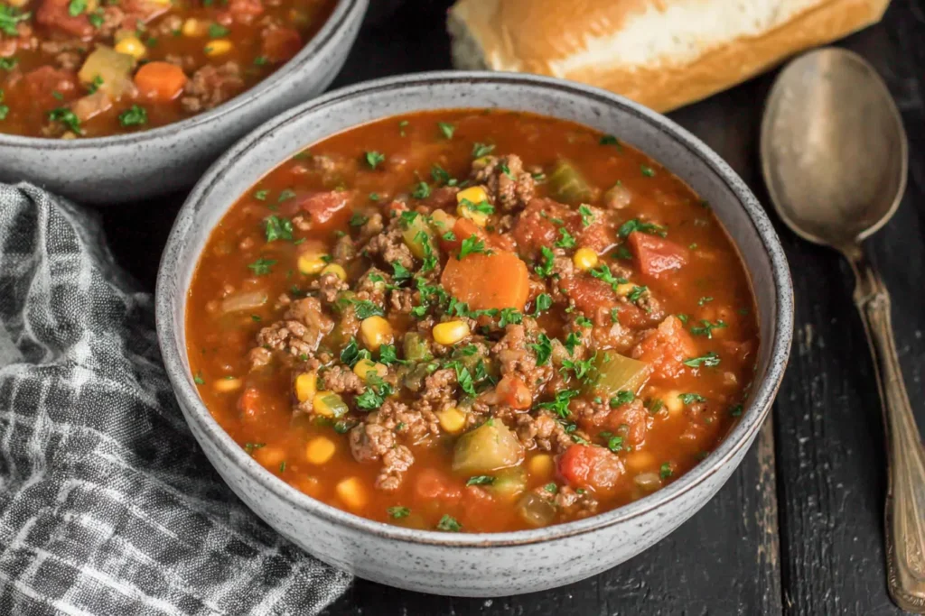 Crockpot Vegetable Beef Soup served hot with potatoes, ground beef, and mixed vegetables in a rustic bowl