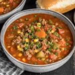 Crockpot Vegetable Beef Soup served hot with potatoes, ground beef, and mixed vegetables in a rustic bowl