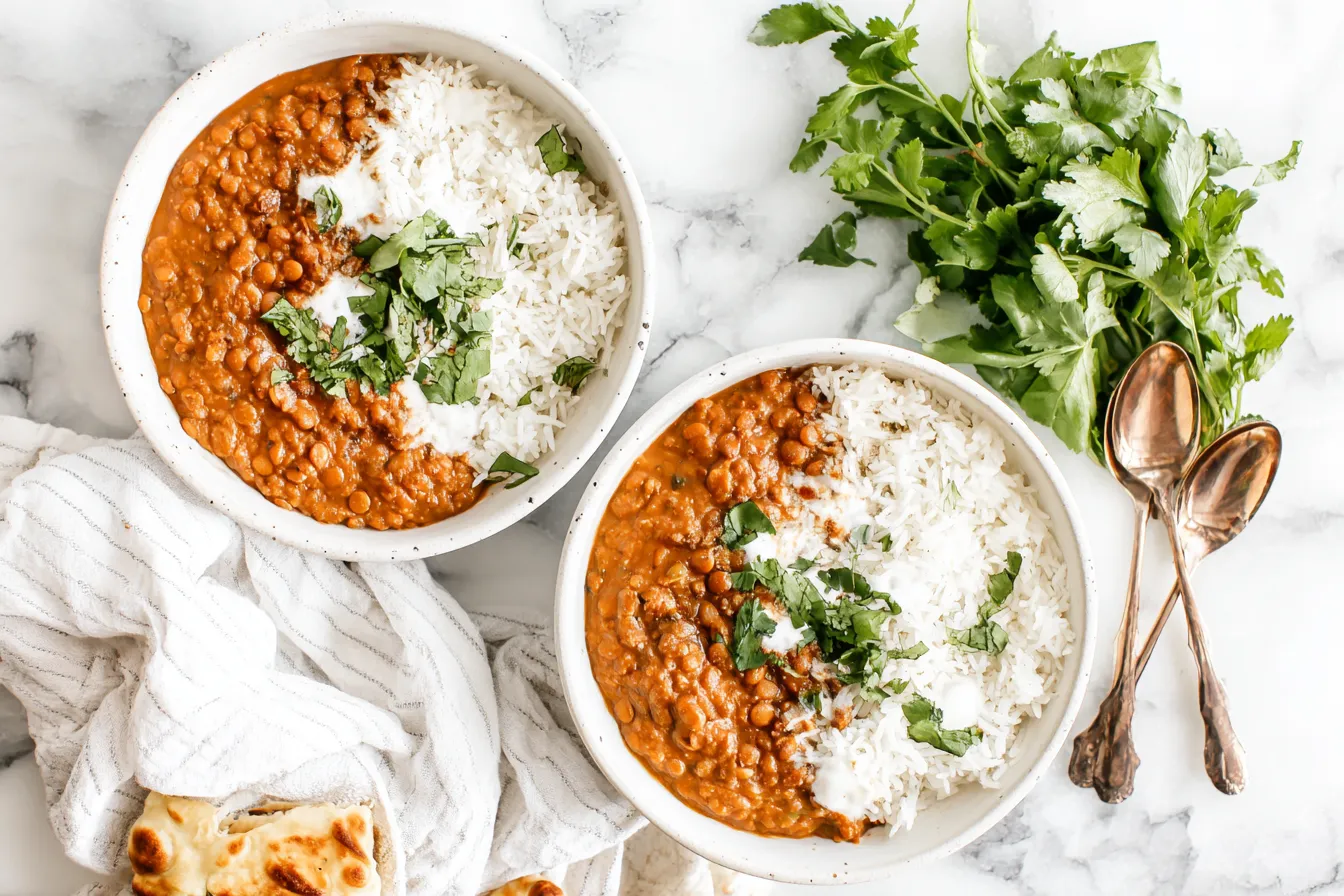 Dishoom Dal in the Slow Cooker served with fluffy basmati rice and fresh herbs