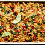 Chicken Burrito Casserole baked in a casserole dish with melted cheese, black beans, corn, and lime wedges
