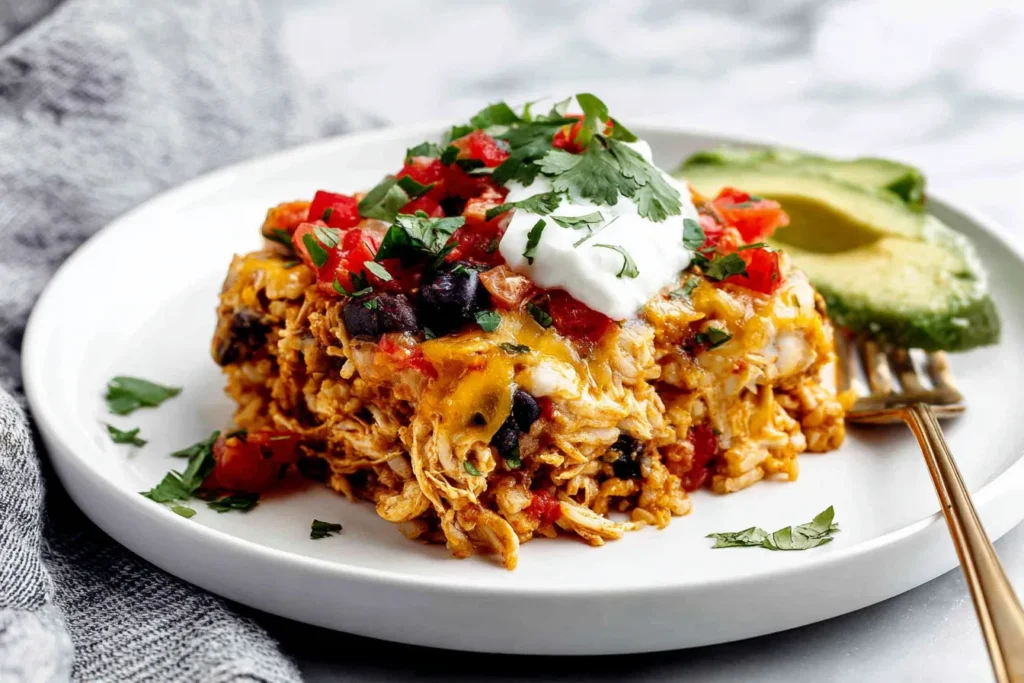 Chicken Burrito Casserole served on a white plate topped with sour cream and fresh cilantro