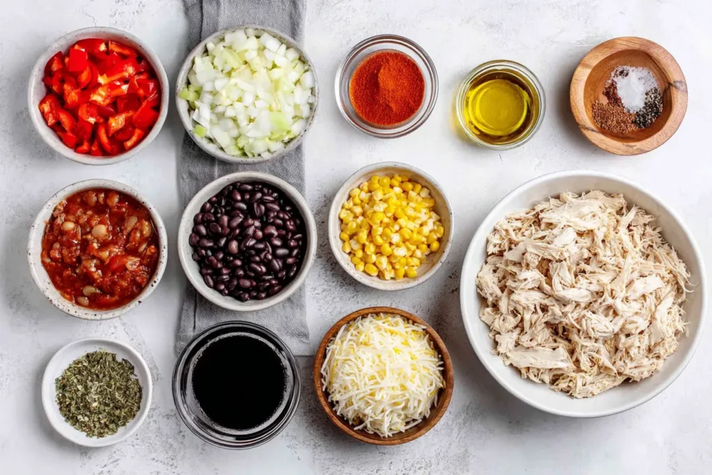 Ingredients for Chicken Burrito Casserole including shredded chicken, rice, black beans, corn, cheese, and seasonings