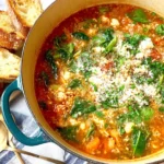 Easy Longevity Soup simmering in a Dutch oven with vegetables, beans, leafy greens, and a rich tomato broth