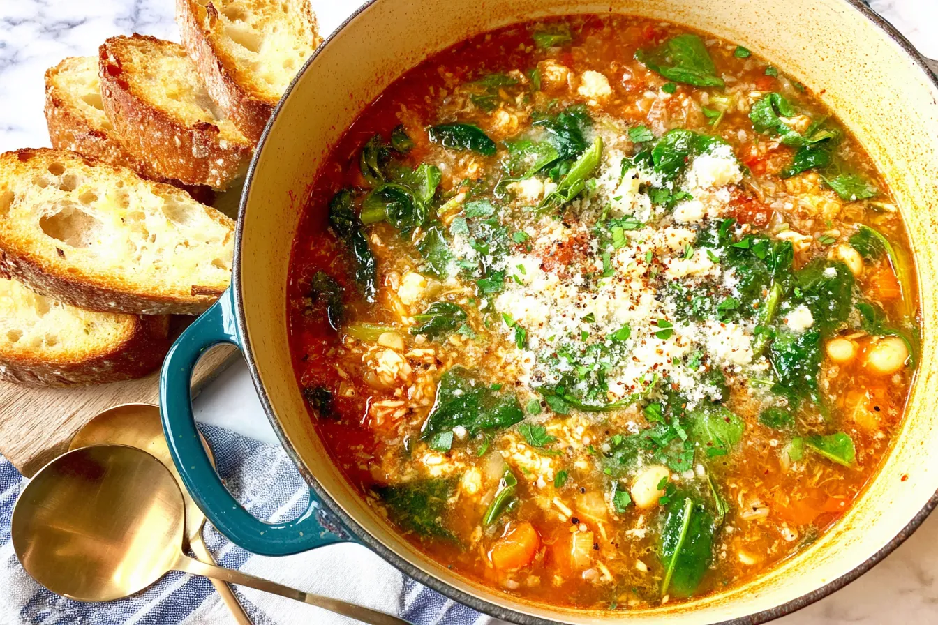 Easy Longevity Soup simmering in a Dutch oven with vegetables, beans, leafy greens, and a rich tomato broth