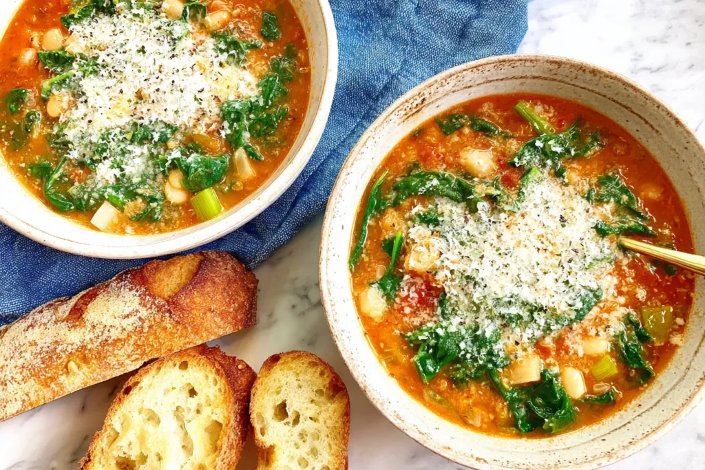 Easy Longevity Soup served in rustic bowls with leafy greens, beans, and grated cheese, inspired by cozy Blue Zones-style cooking