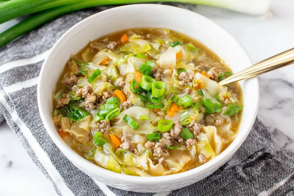 Egg Roll Soup served hot with cabbage, carrots, and ground chicken