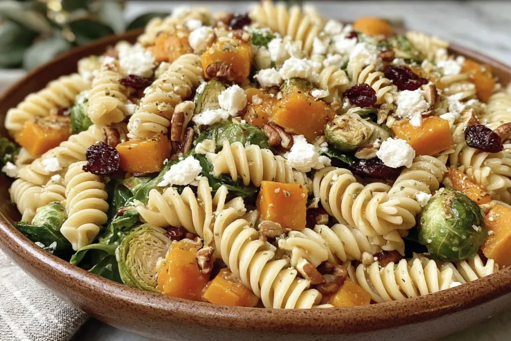 Roasted Veggie Fall Pasta Salad featuring rotini pasta, roasted vegetables, cranberries, and goat cheese