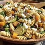 Roasted Veggie Fall Pasta Salad with rotini, Brussels sprouts, butternut squash, goat cheese, and cranberries in a wooden bowl