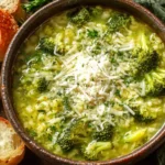 Garlic Italian Broccoli Soup topped with grated parmesan and served with crusty bread