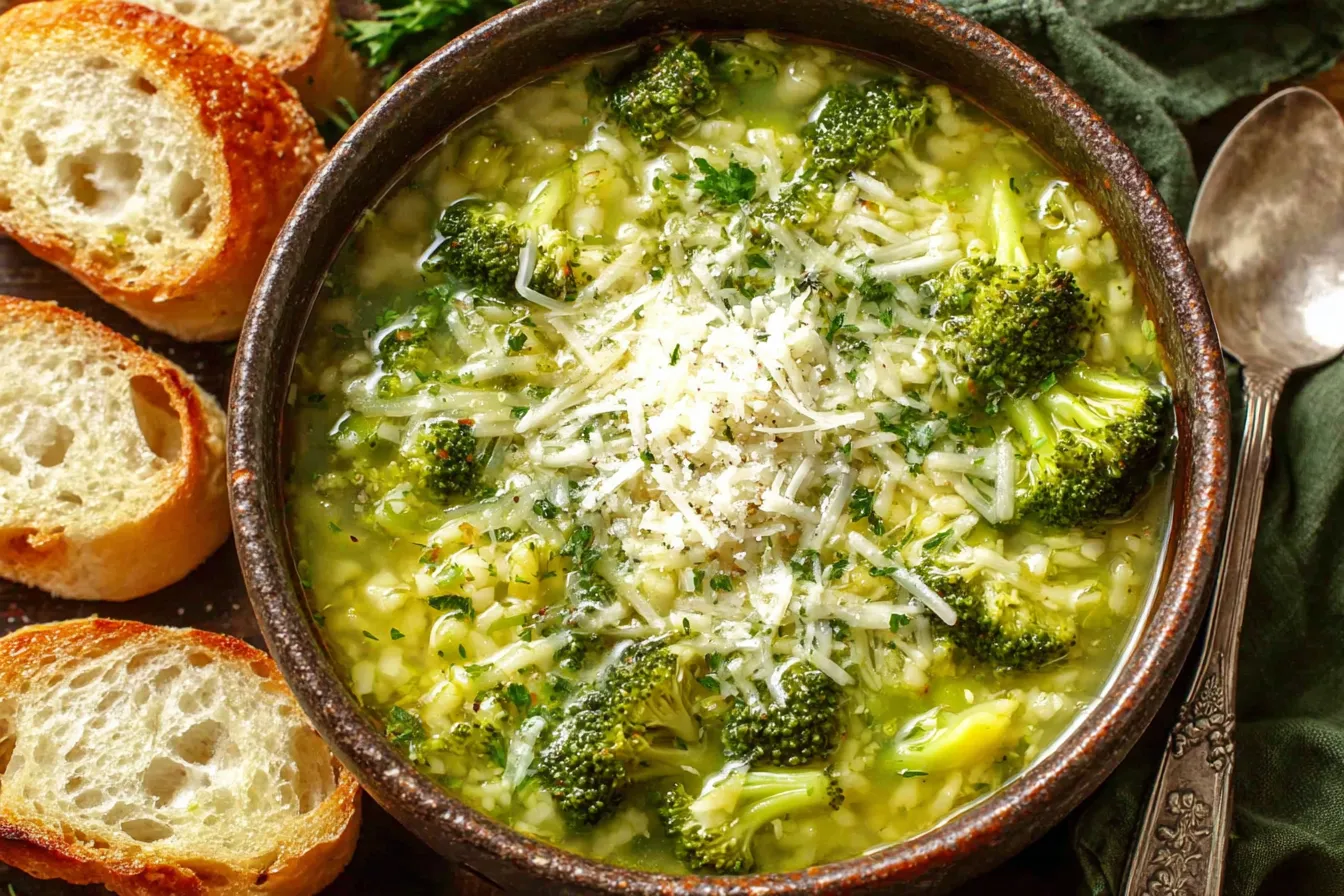Garlic Italian Broccoli Soup topped with grated parmesan and served with crusty bread