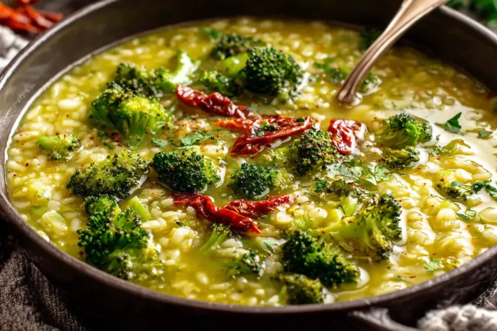 Garlic Italian Broccoli Soup simmering in a rustic pot with tender broccoli florets and garlic-infused broth