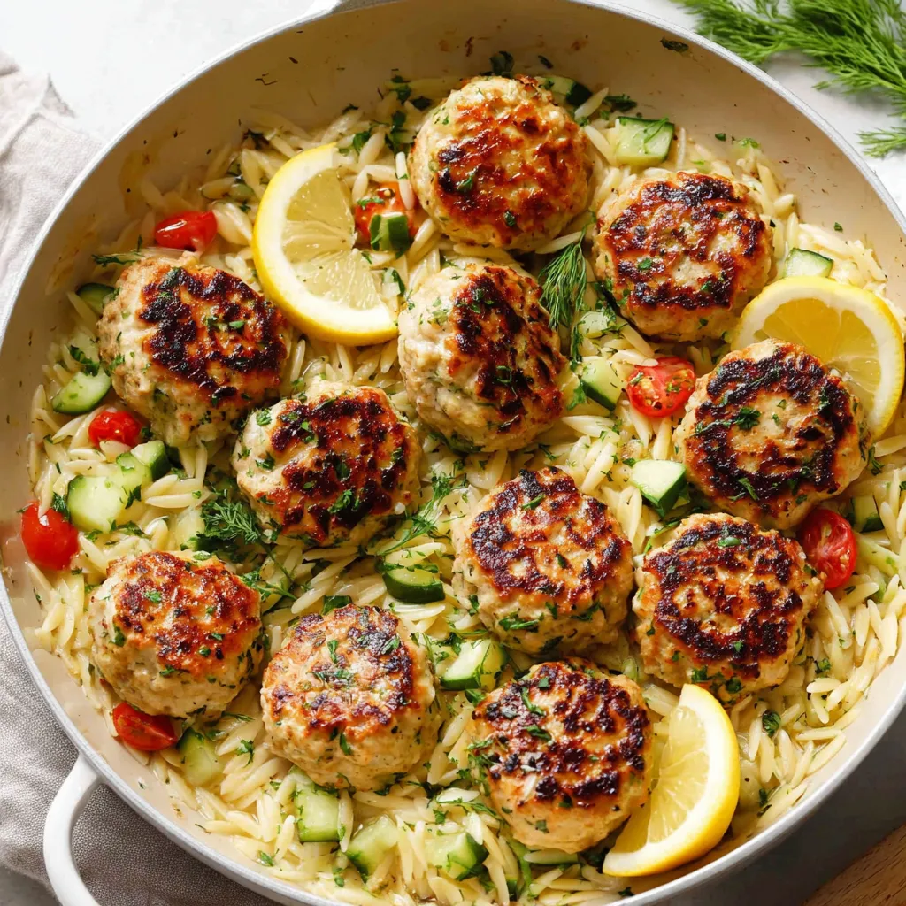 Greek Chicken Meatballs with Lemon Orzo with Fresh Herbs Greek Chicken Meatballs with Lemon Orzo garnished with dill and lemon slices in a shallow serving bowl