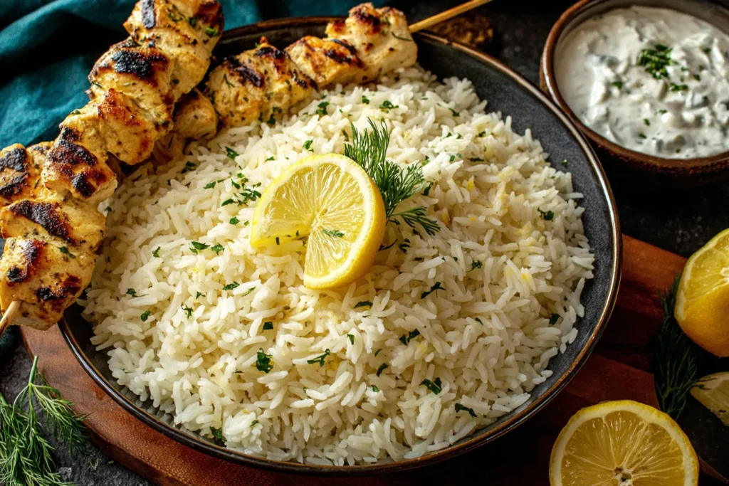 Greek Lemon Rice served with grilled chicken skewers and creamy yogurt sauce