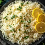 Greek Lemon Rice served fluffy and bright with fresh parsley and lemon slices in a dark bowl
