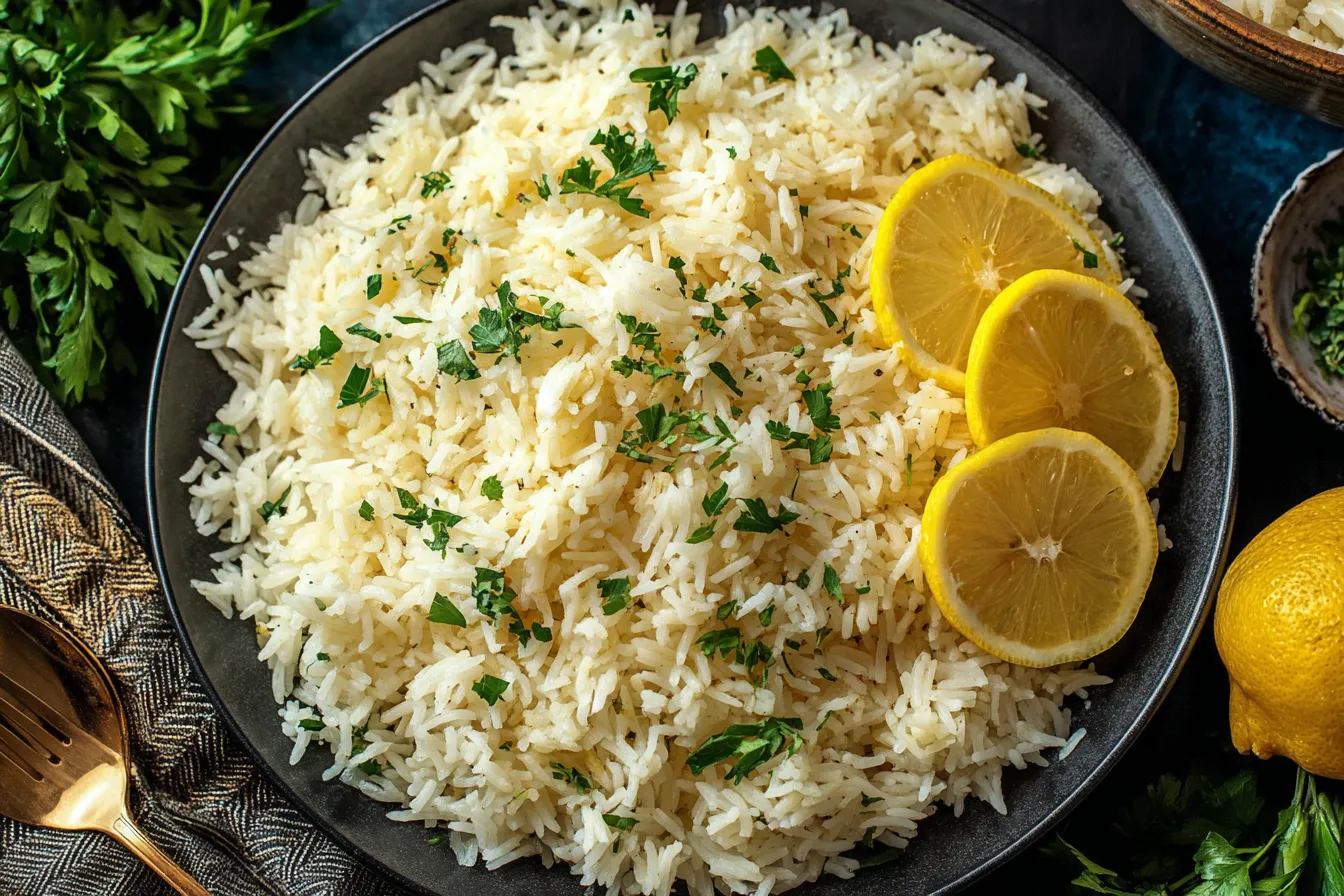Greek Lemon Rice served fluffy and bright with fresh parsley and lemon slices in a dark bowl