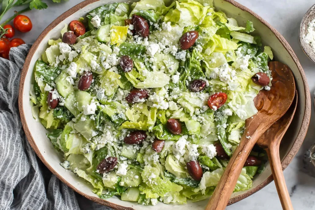 Greek Lettuce Salad with romaine, feta cheese, olives, and lemon olive oil dressing in a large serving bowl