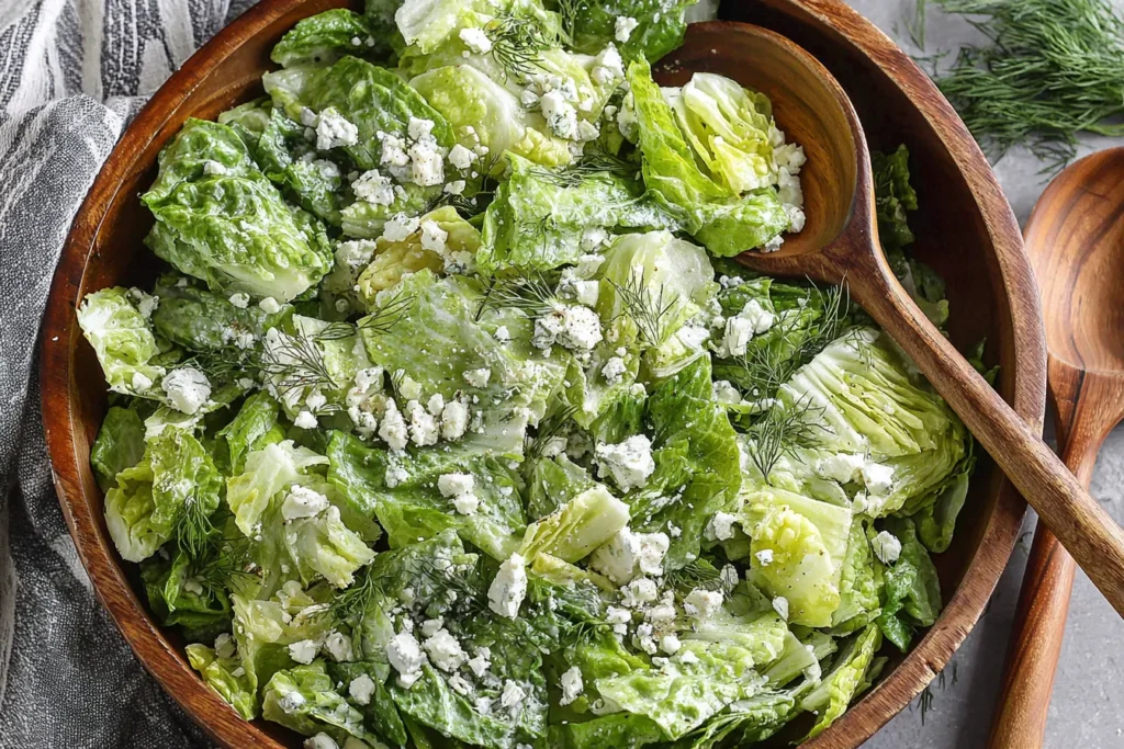 Greek Lettuce Salad made with chopped romaine lettuce, fresh dill, creamy feta, and lemon olive oil dressing