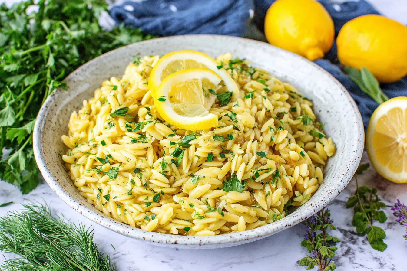 Greek Orzo with Lemon and Herbs in a white bowl with fresh parsley and lemon