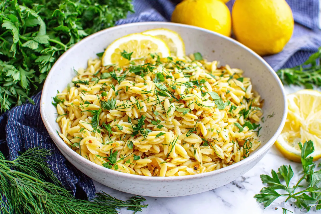 Greek Orzo with Lemon and Herbs served warm with fresh dill and lemon wedges