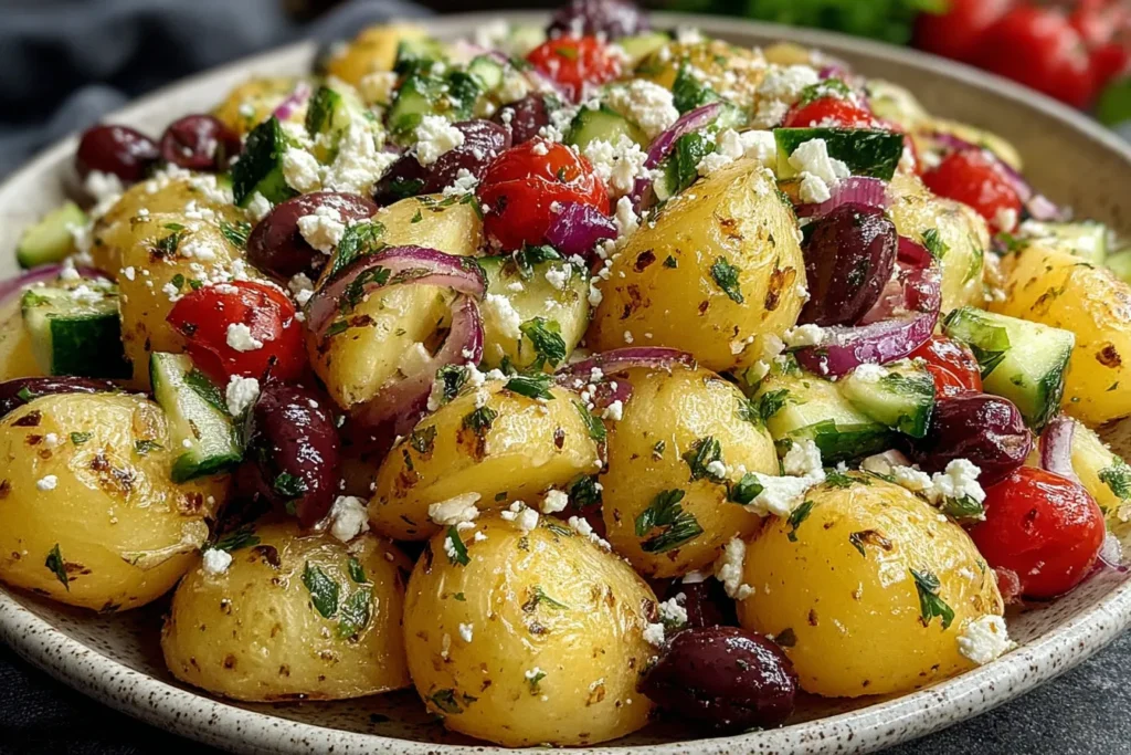 Greek Potato Salad with baby potatoes, feta, olives, cucumber, and fresh herbs