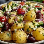 Greek Potato Salad with baby potatoes, feta, olives, cucumber, and fresh herbs