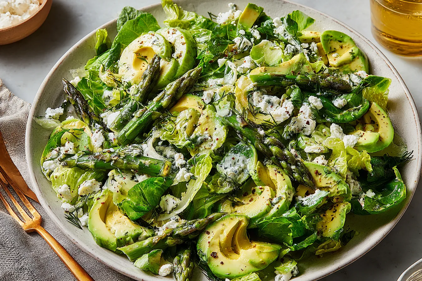 Green Goddess Salad Recipe served with asparagus, avocado slices, feta, and herb yogurt dressing