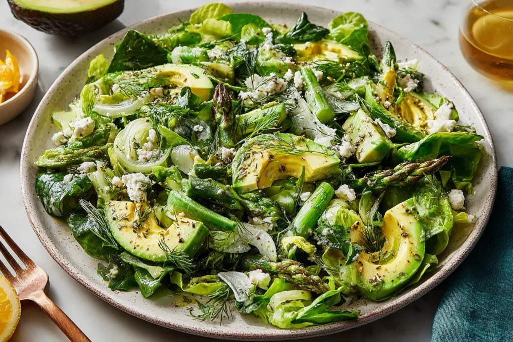 Green Goddess Salad Recipe with romaine, avocado, asparagus, and fresh herbs in a creamy green goddess dressing