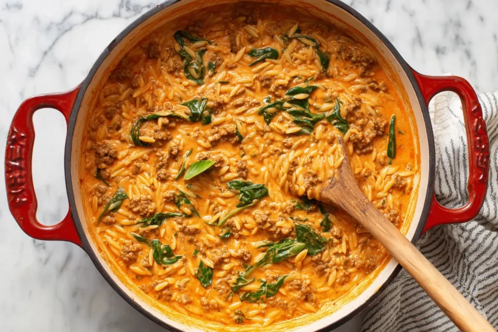 Ground Beef Orzo with Tomato Cream Sauce cooking in a red Dutch oven with spinach