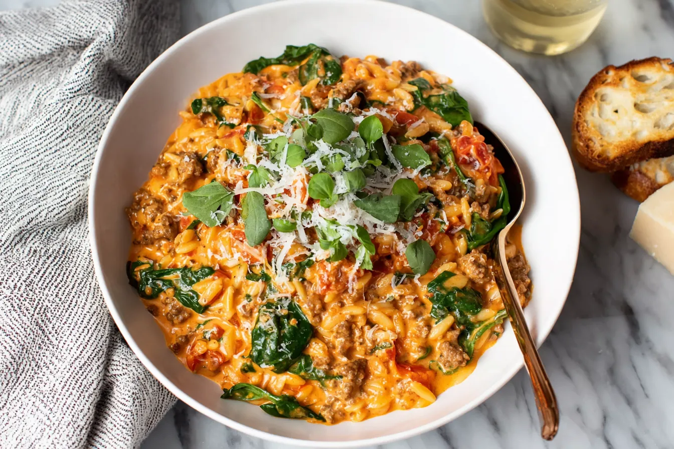 Ground Beef Orzo with Tomato Cream Sauce served in a white bowl with spinach and parmesan cheese