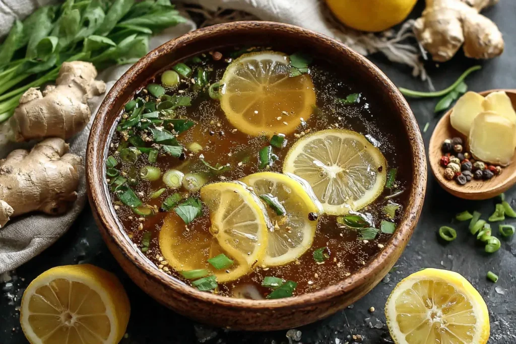 Miso Ginger Broth with lemon slices, fresh ginger, and green onions in a rustic bowl